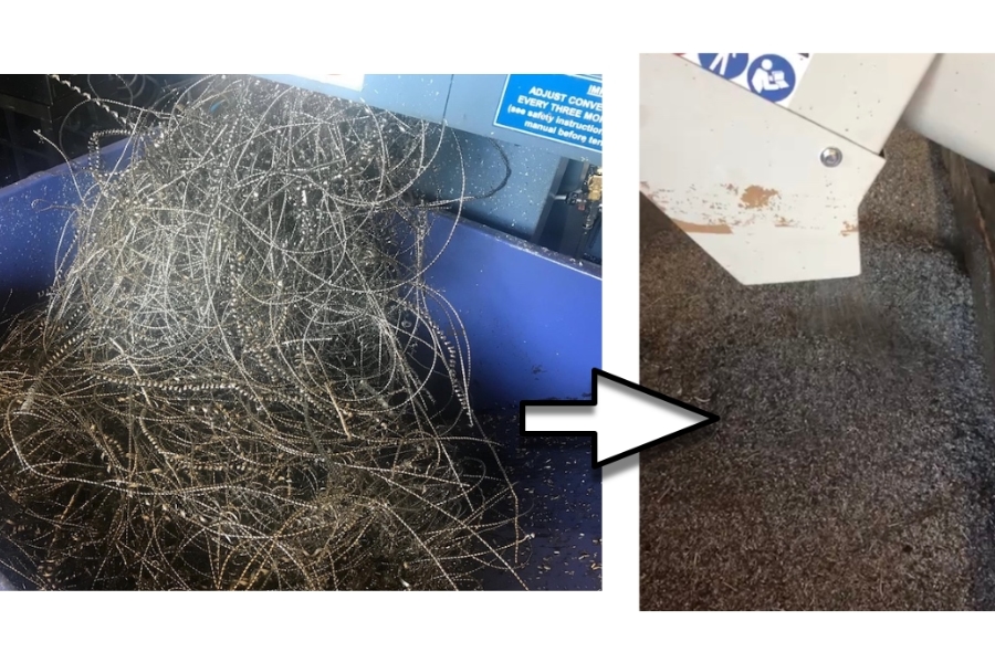 large volume curly oily aluminium / stainless steel metal swarf before and after crushing through a J&S Engineering UK Ltd swarf processing plant